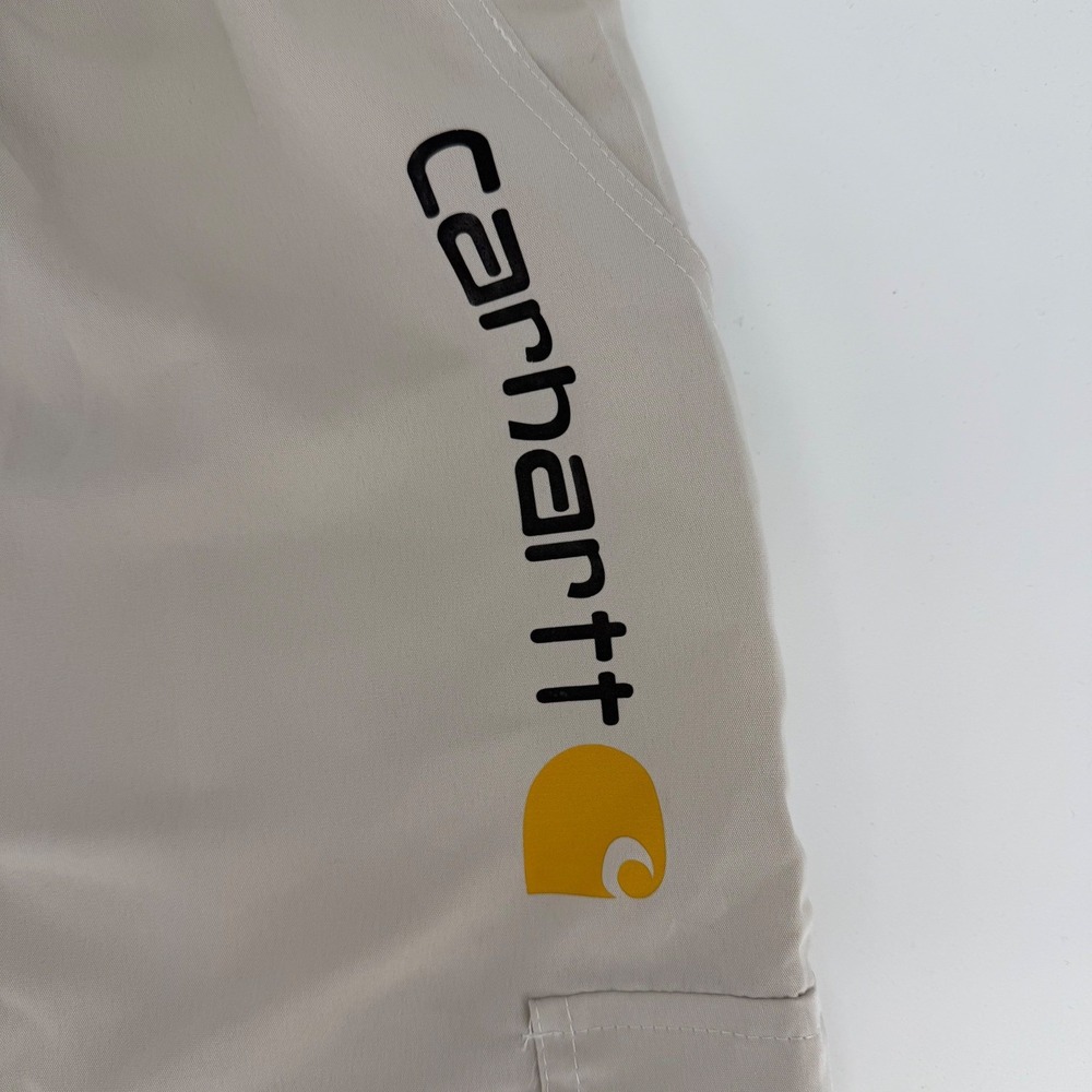 Carhartt Mens Cargo Shorts Tan Beige Elastic Waist Logo Polyester Size Large - Picture 9 of 10